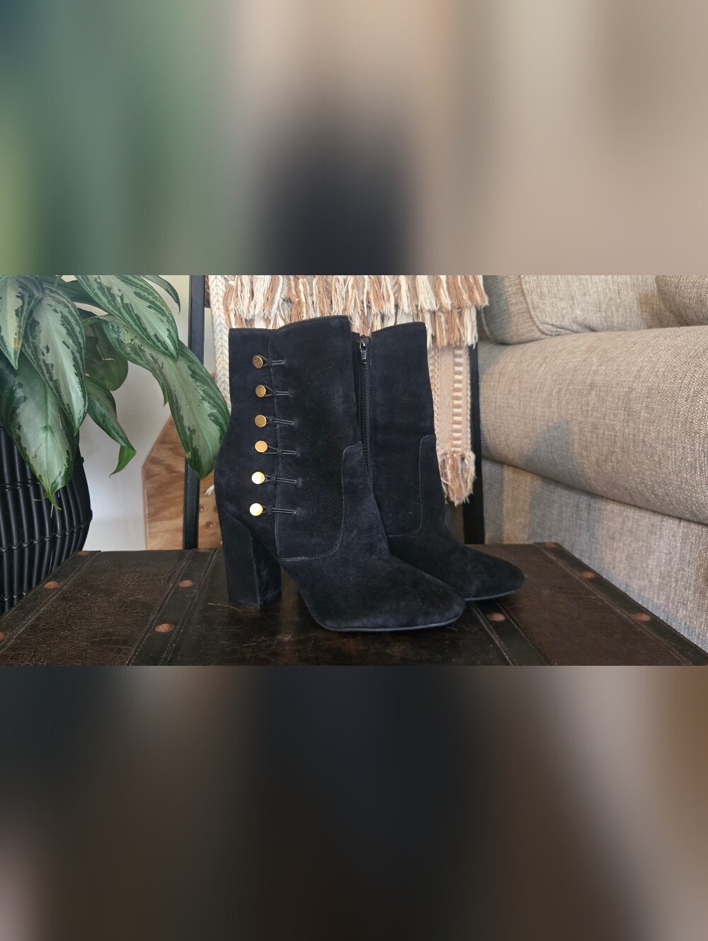 Guess Black Suede Gold Military Button Ankle Booties